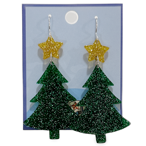 Earrings - Green Glitter Tree