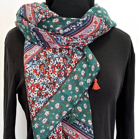 Scarf - Green Flower Stripe